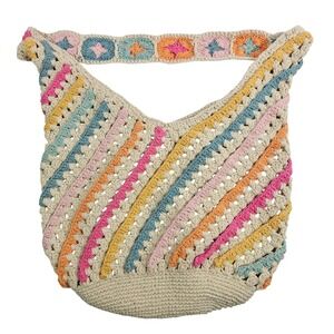 Crochet Women Hobo Shoulder Bag Natural Stripe Boho Cotton Magnetic Snap Closure